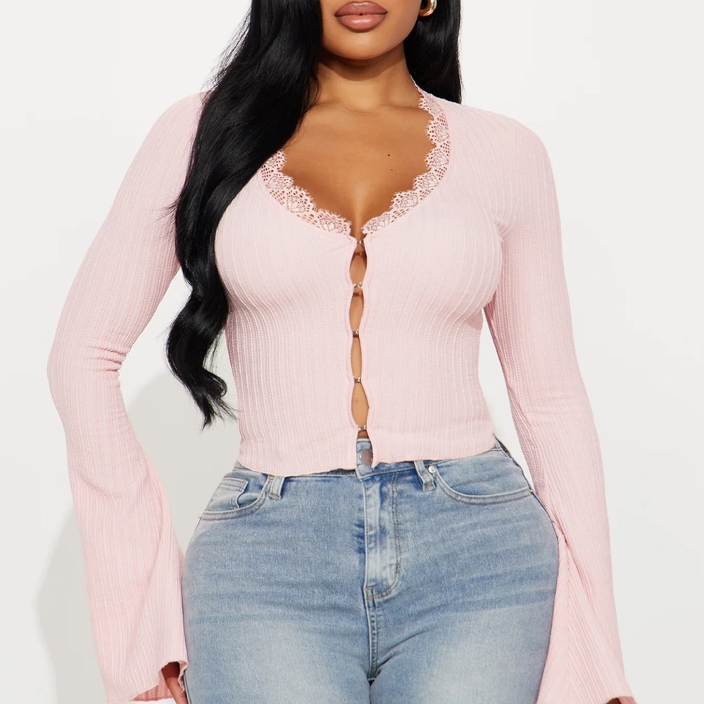 Fashion Nova Light Pink Lace-Trimmed Blouse